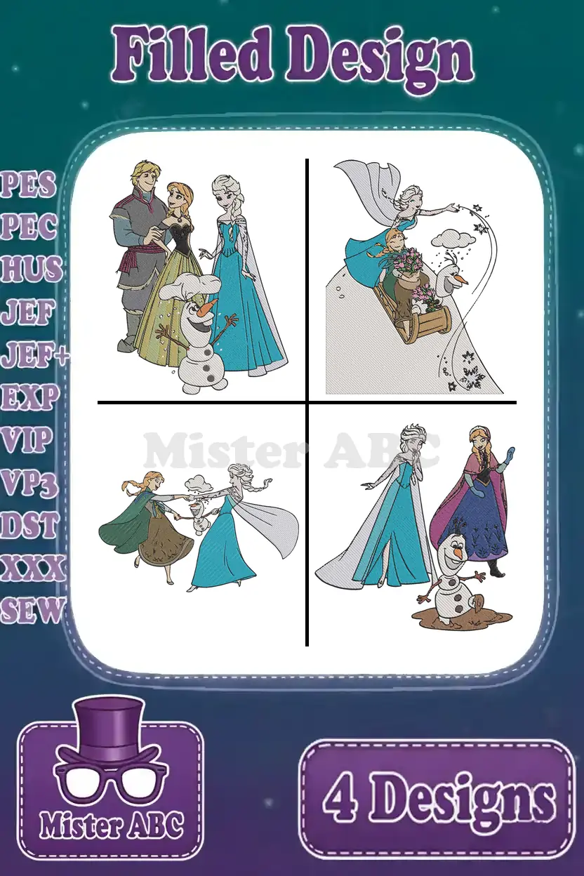 A vibrant collage displaying four distinct filled embroidery designs featuring beloved Frozen characters, including Elsa, Anna, Kristoff, and Olaf.