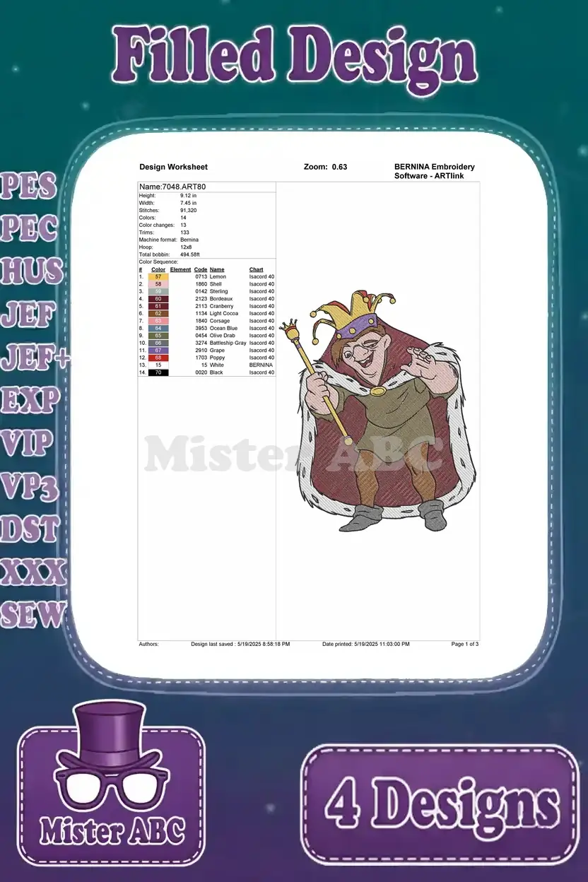 Design worksheet for the Judge Frollo filled embroidery, detailing stitch count, color changes, and thread chart.