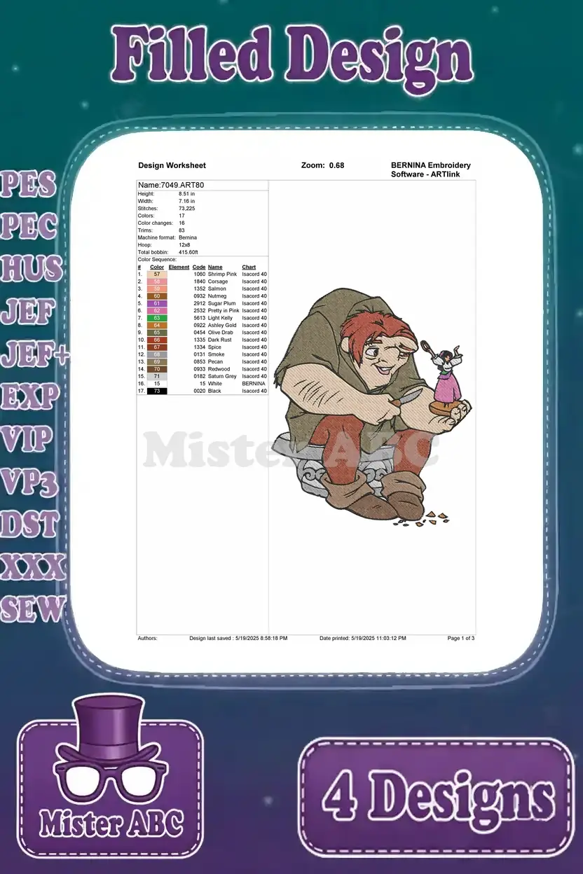 Design worksheet for Quasimodo holding a figure, detailing stitch count, color changes, and thread chart.