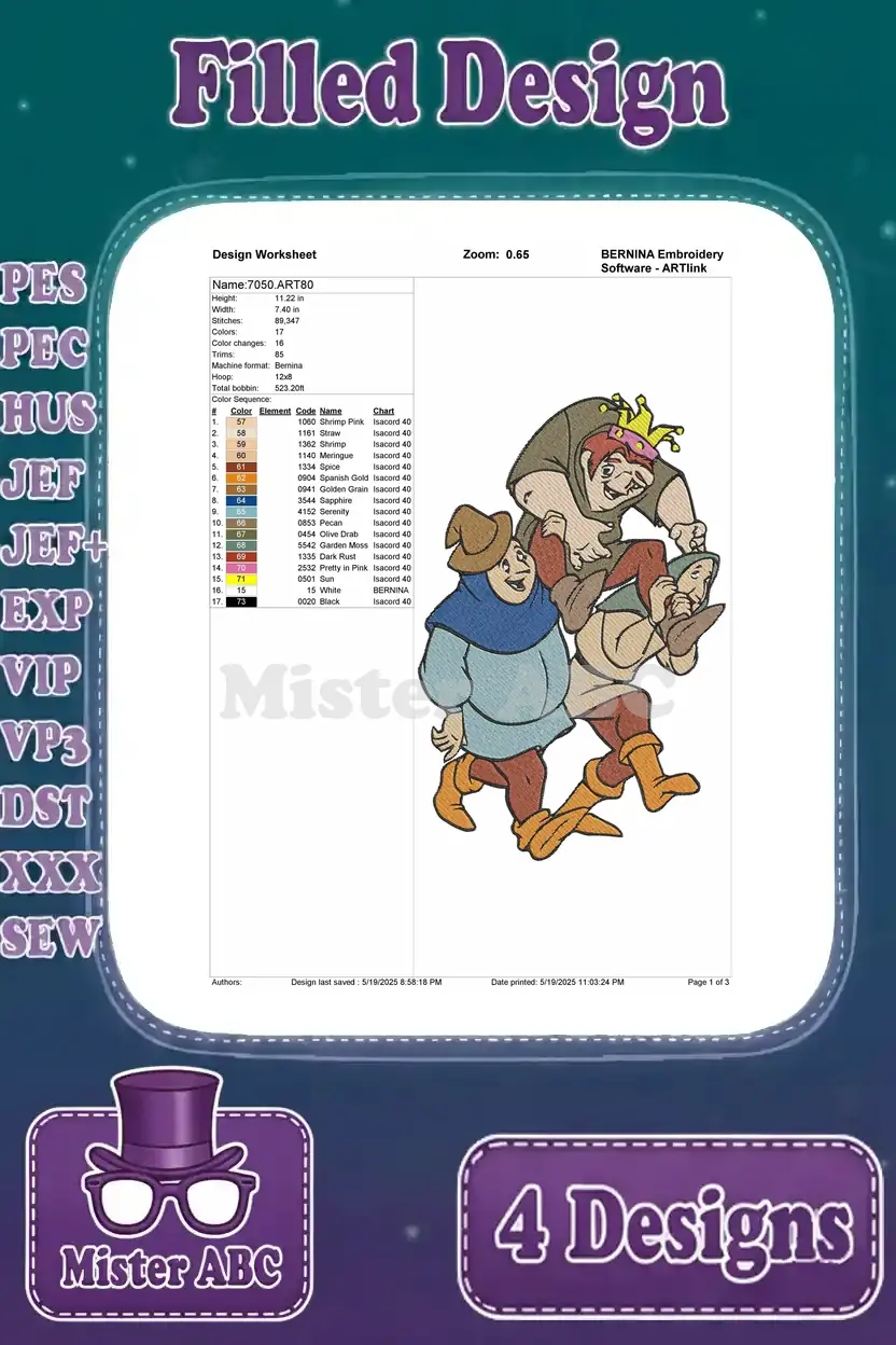 Design worksheet for Quasimodo and friend running, detailing stitch count, color changes, and thread chart.