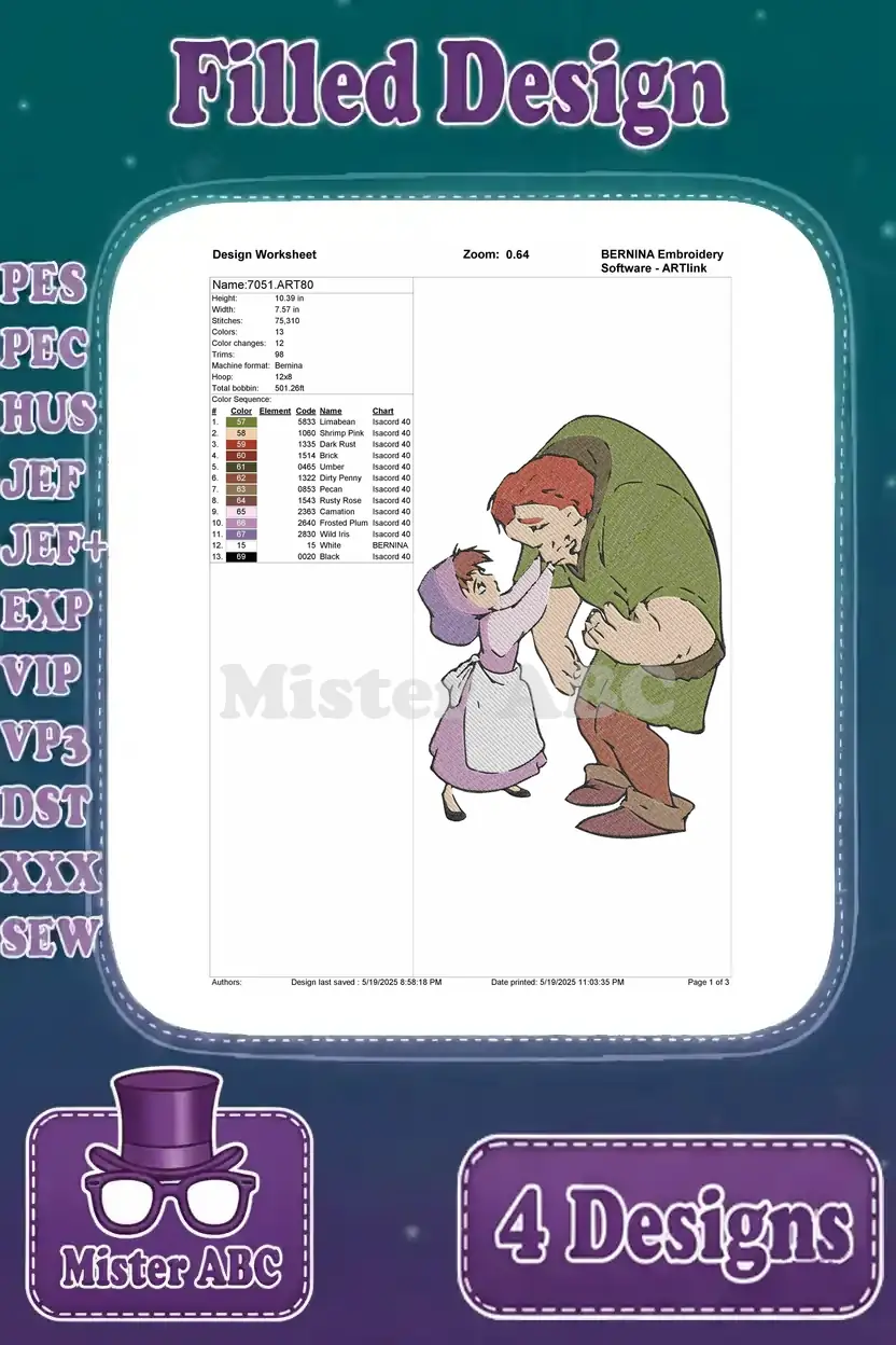 Design worksheet for Quasimodo and a girl, detailing stitch count, color changes, and thread chart.