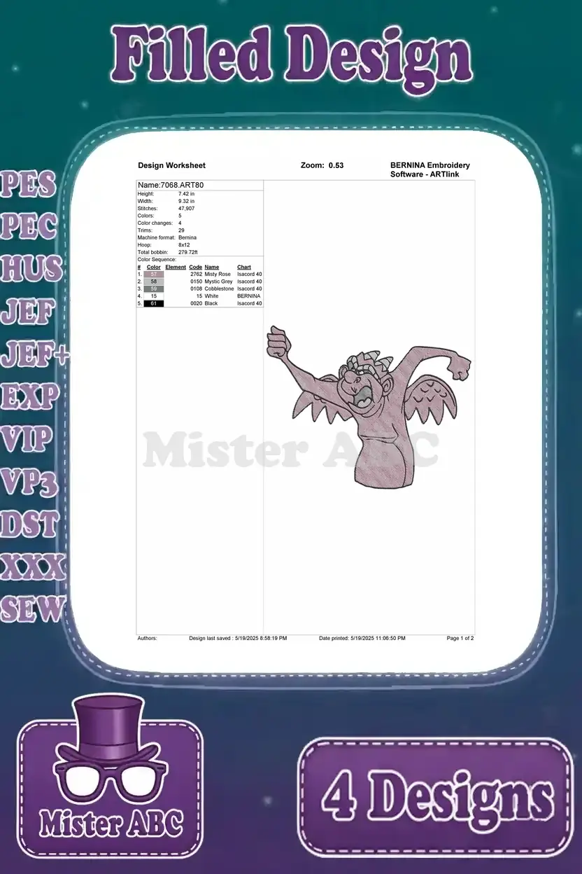 Design worksheet for the Laverne gargoyle embroidery, showing stitch count, color sequence, and design details.