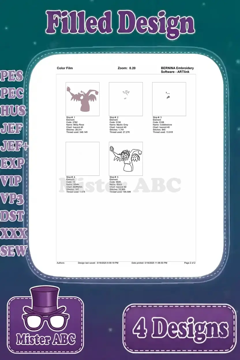 Color film sequence for the Laverne gargoyle embroidery design, showing individual color stops and stitch counts.