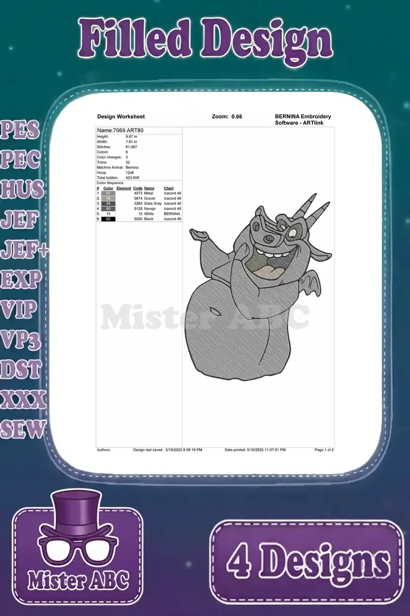 Design worksheet for the Victor gargoyle embroidery, detailing stitch count, color changes, and thread information.