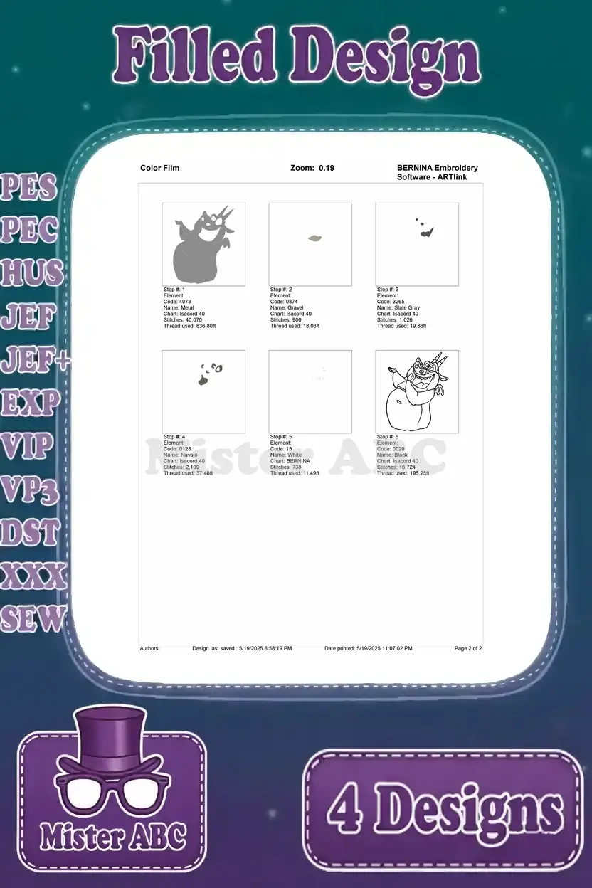 Color film sequence for the Victor gargoyle embroidery design, illustrating the progression of colors and stitches.