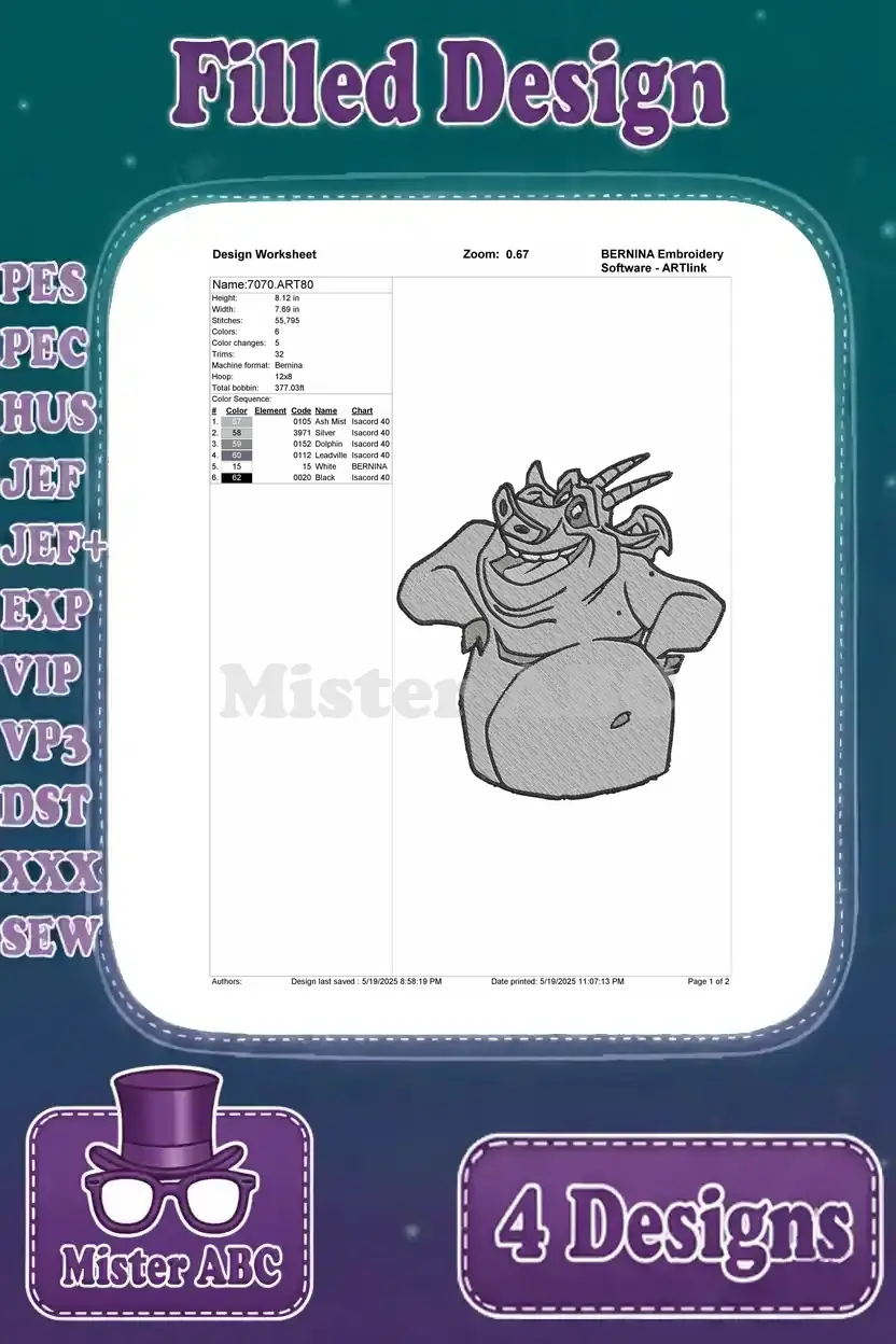 Design worksheet for the Hugo gargoyle embroidery, outlining stitch count, color sequence, and design specs.