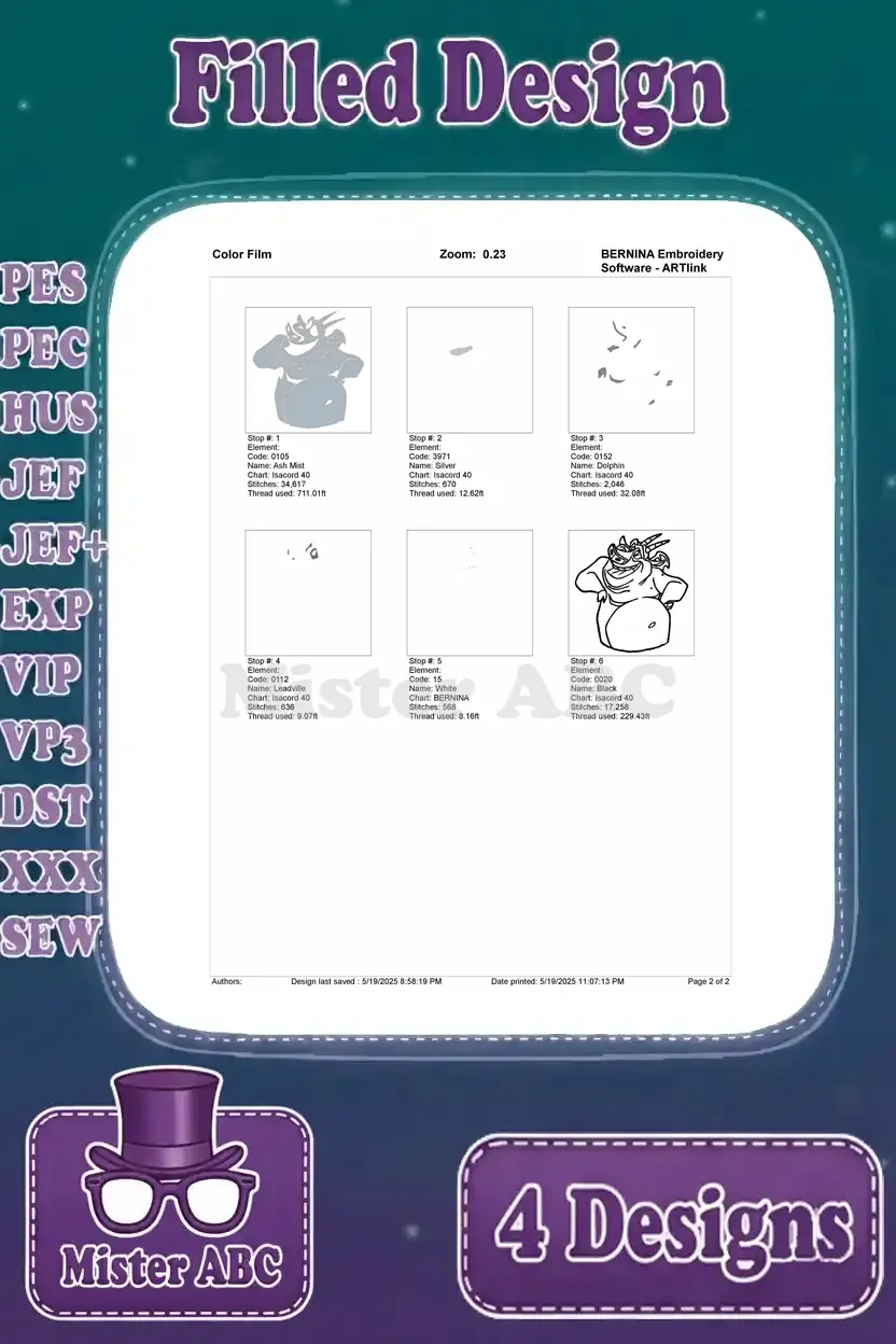Color film sequence for the Hugo gargoyle embroidery design, visually demonstrating the color stitching order.