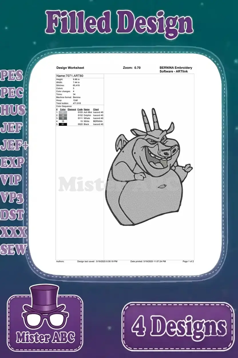 Design worksheet for the fourth gargoyle embroidery, showing stitch count, color details, and design specifications.