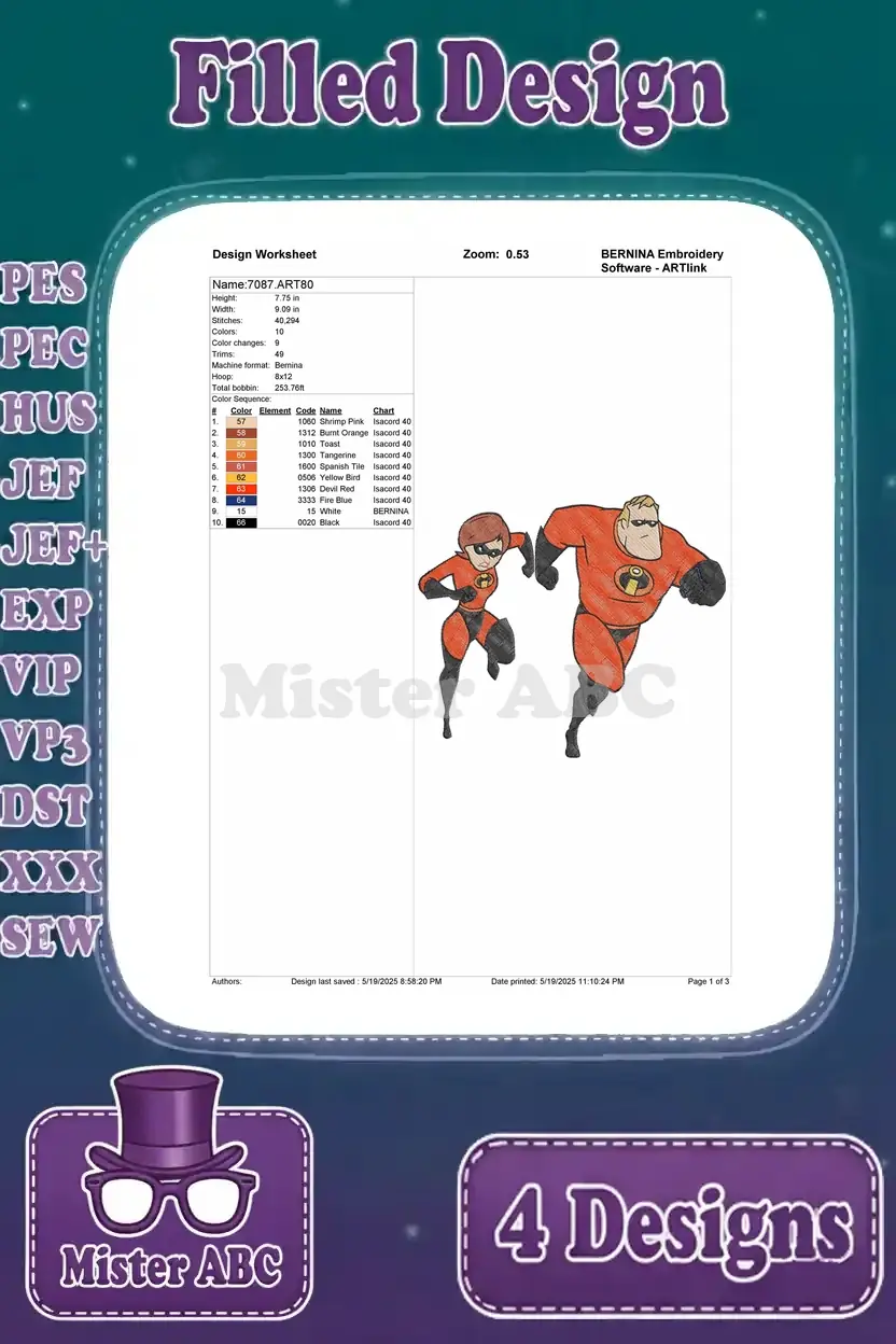 Embroidery worksheet for Mr. Incredible and Elastigirl running, showing stitch data and color sequence.