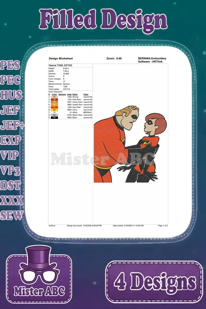 Embroidery worksheet for Mr. Incredible and Elastigirl embracing, detailing stitch count and colors.