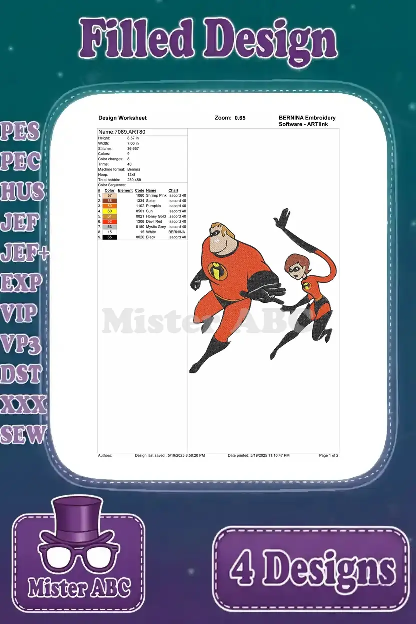 Embroidery worksheet for Mr. Incredible flying and Elastigirl stretching, detailing stitch data.