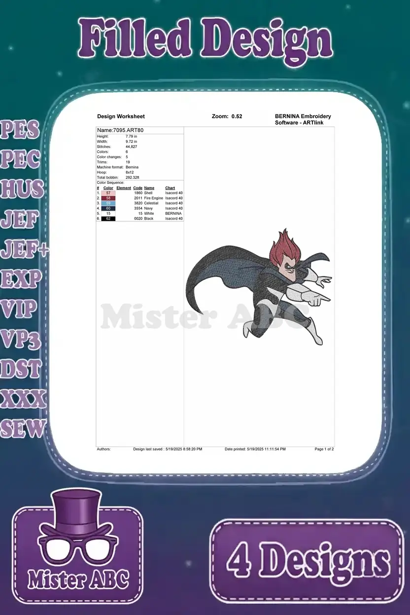 Design worksheet for Syndrome in a dynamic running pose, detailing stitch count, color sequence, and dimensions.