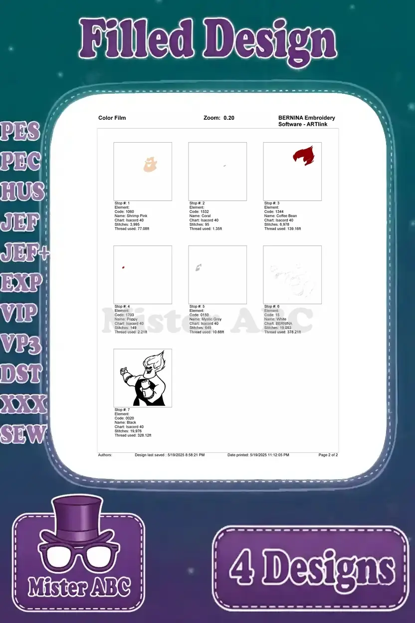 Color film sequence for the powerful Syndrome punching pose embroidery design, showing thread application order.