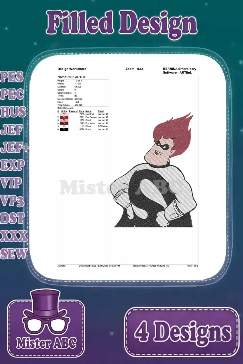 Design worksheet for Syndrome in a confident, arms-crossed pose, detailing stitch count, colors, and dimensions.