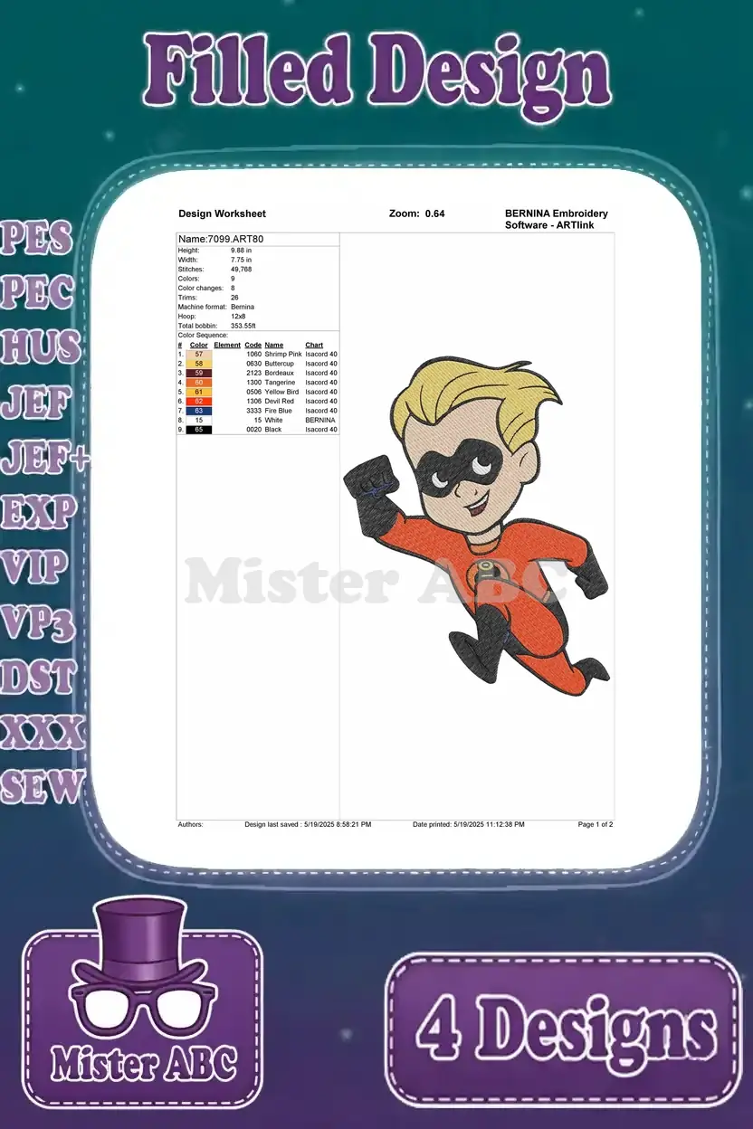 Design worksheet for a second Dash Parr filled embroidery design, showing stitch count, colors, and thread details.