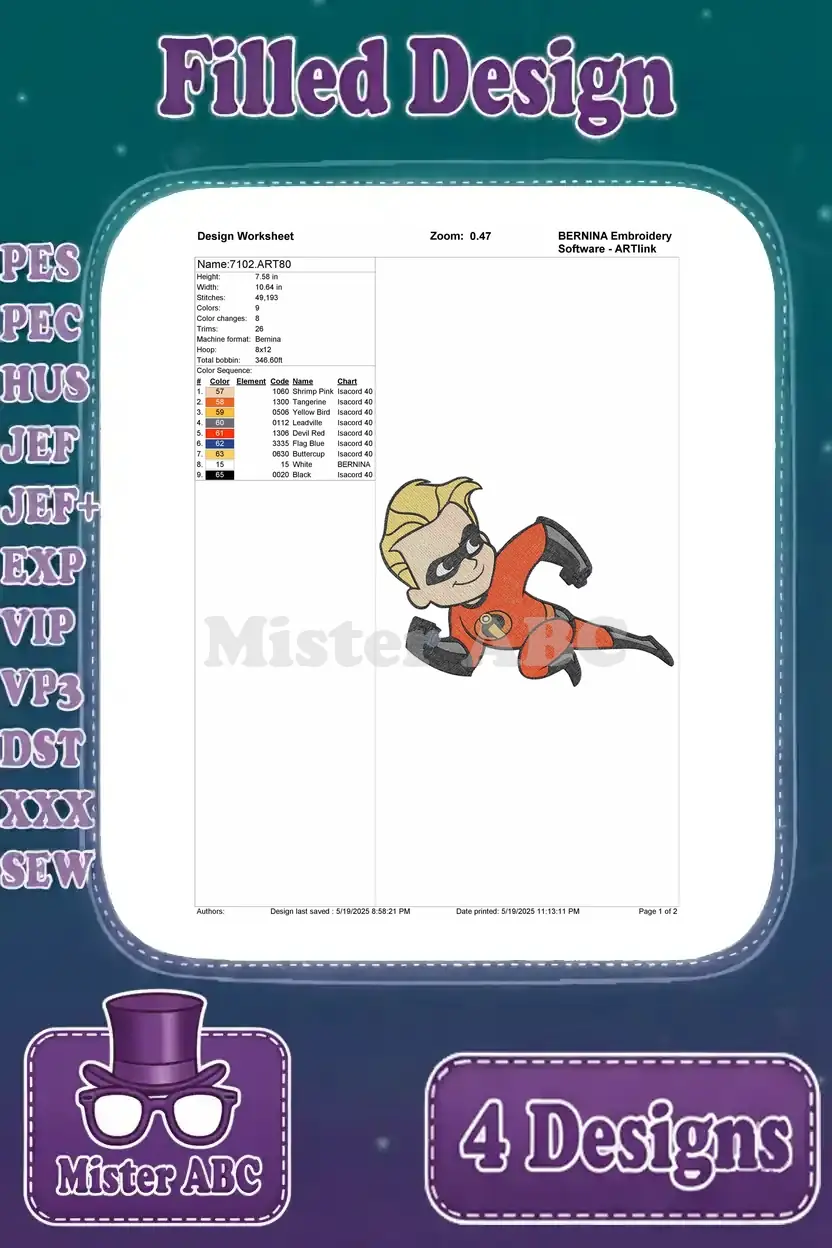 A design worksheet for an embroidery design featuring Dash Parr from The Incredibles, showing stitch count, color sequence, and thread details. The character is depicted in a running or lunging pose.