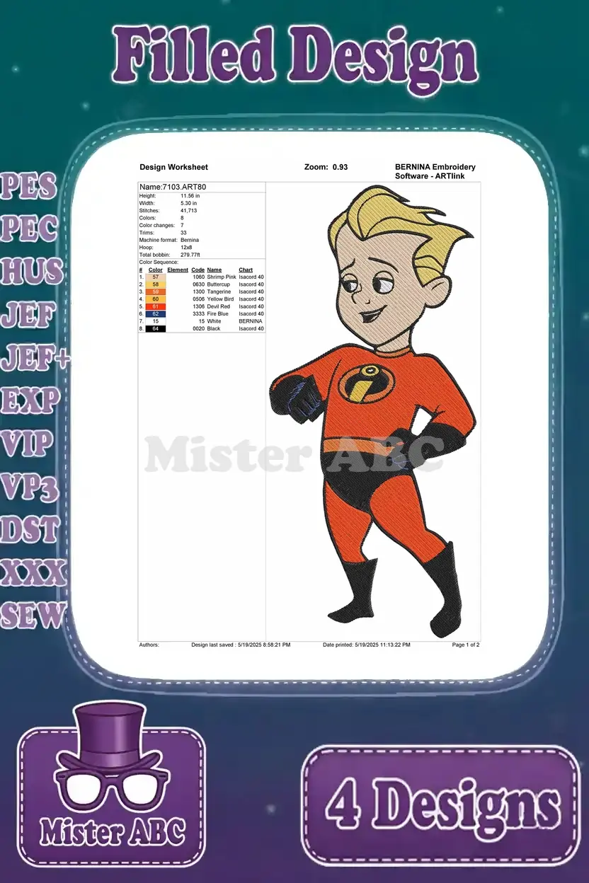 A design worksheet for an embroidery design featuring Dash Parr from The Incredibles, showing stitch count, color sequence, and thread details. The character is depicted standing with a confident expression.
