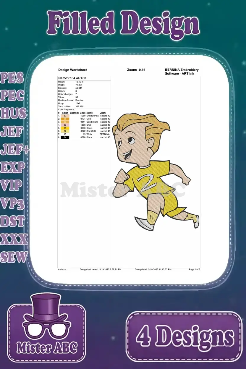 A design worksheet for an embroidery design featuring Dash Parr from The Incredibles, showing stitch count, color sequence, and thread details. The character is depicted running with a yellow shirt.