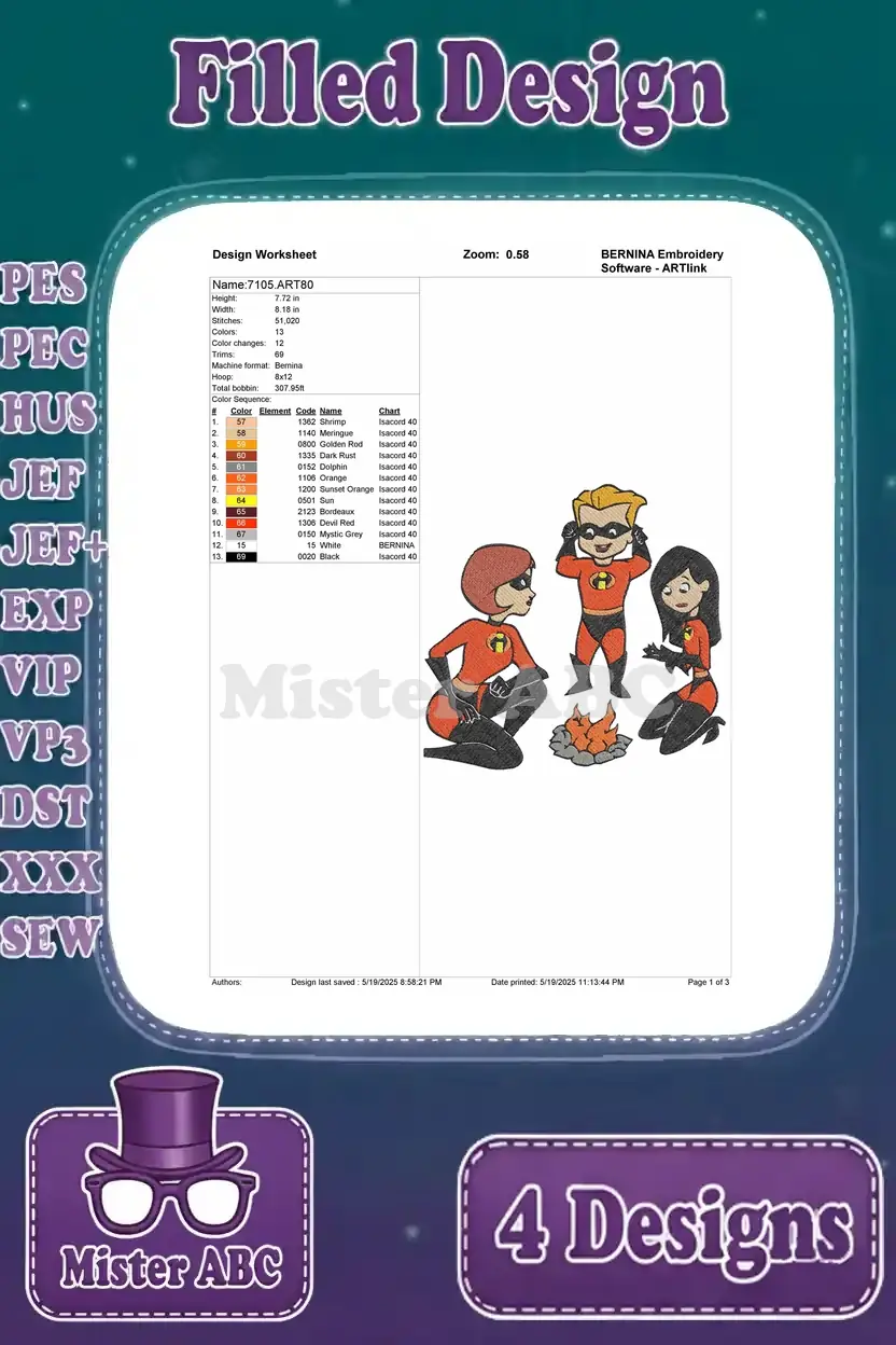 A design worksheet for an embroidery design featuring Violet, Dash, and Mr. Incredible from The Incredibles, showing stitch count, color sequence, and thread details. The characters are gathered around a campfire.