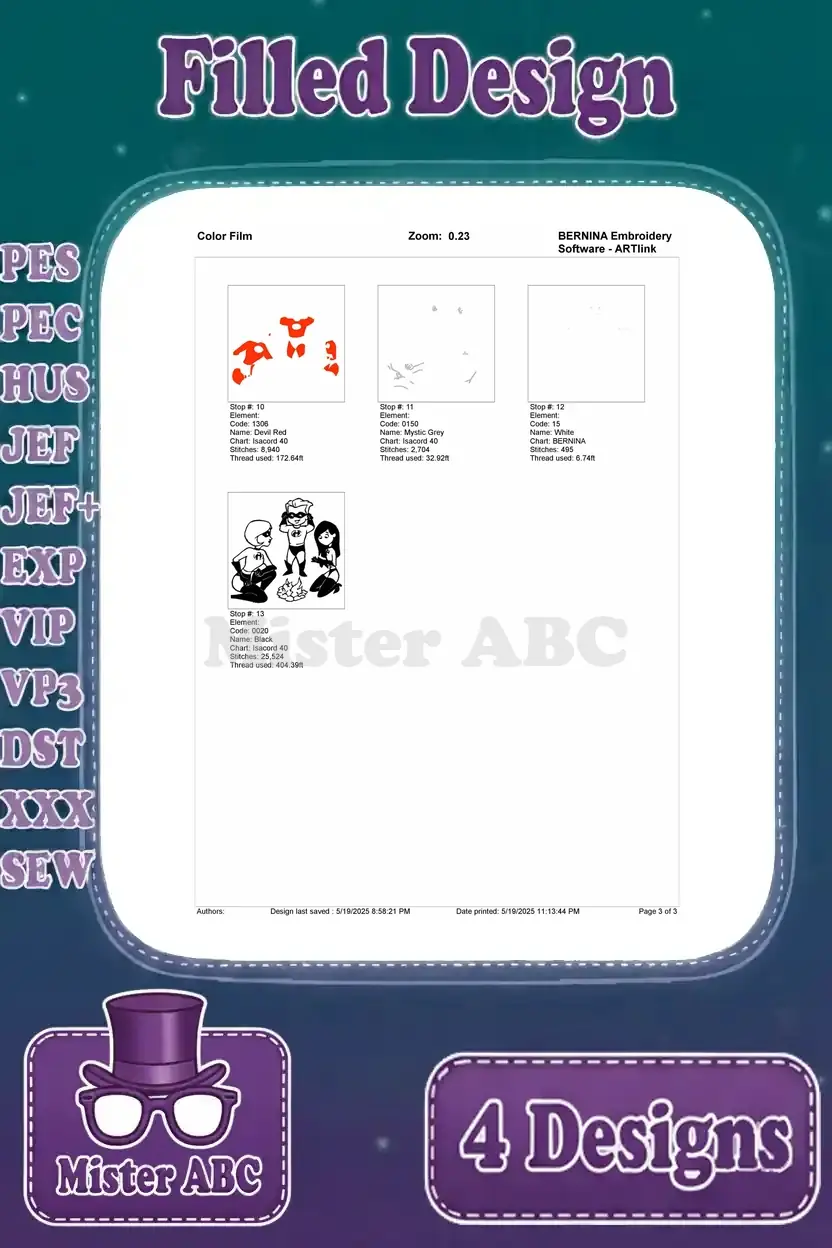 A color film chart (page 2 of 2) for an embroidery design of Violet, Dash, and Mr. Incredible from The Incredibles, illustrating the sequence of color application and stitch areas for the latter part of the design.