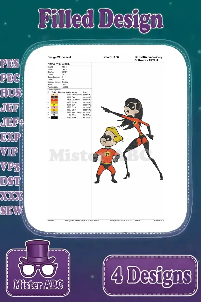 Design worksheet for Elastigirl and Dash embroidery, detailing stitch count, color sequence, and thread information.
