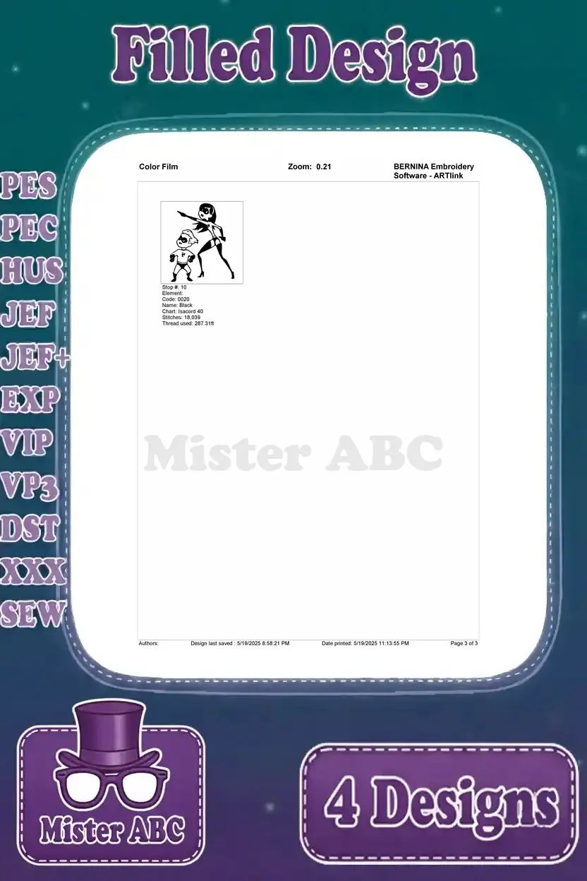 Final color film page for the Elastigirl and Dash embroidery, showing the last stitch sequence and overall design.