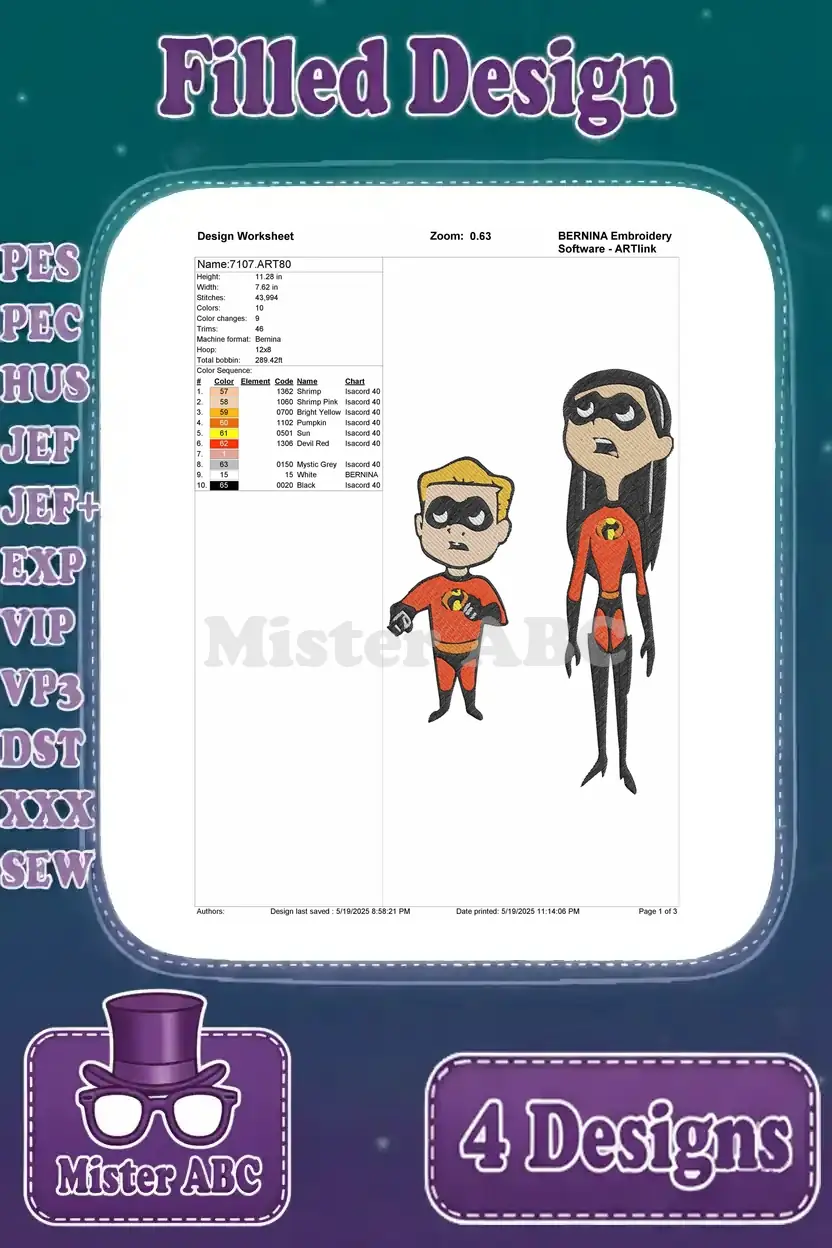 Design worksheet for Violet and Dash embroidery, detailing stitch count, color sequence, and essential thread information.