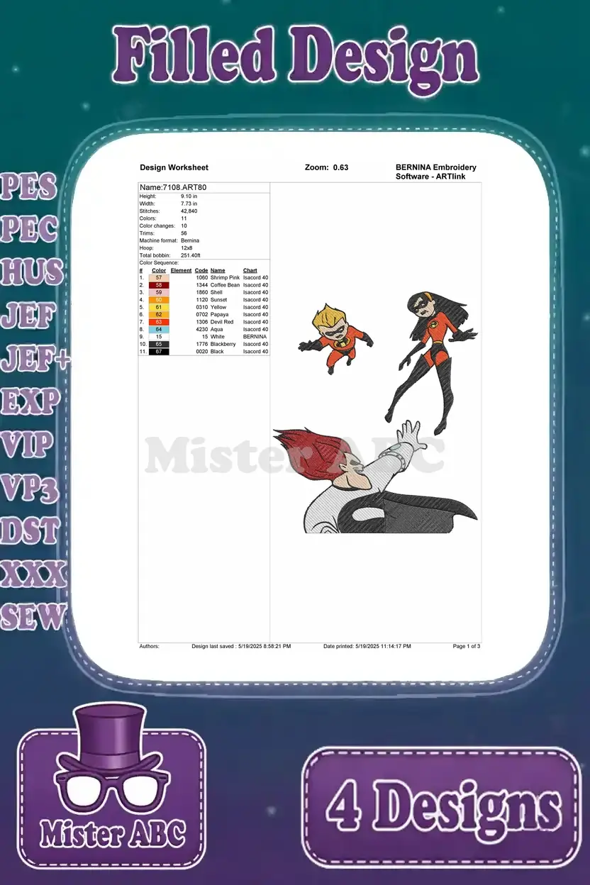 Design worksheet for Elastigirl, Dash, and Syndrome embroidery, detailing stitch count, colors, and thread types.