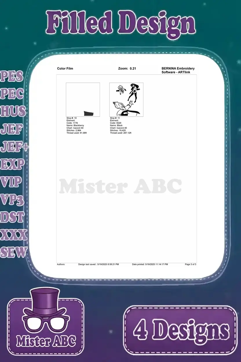 Final color film page for the Elastigirl, Dash, and Syndrome embroidery, showing the last stitch sequence and design.