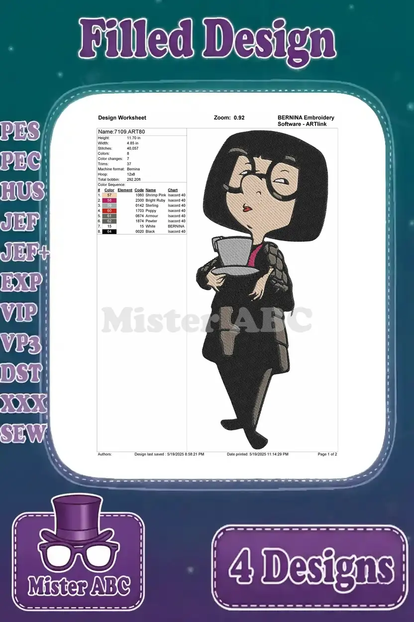 Design worksheet for Edna Mode embroidery, detailing stitch count, color sequence, and specific thread information.