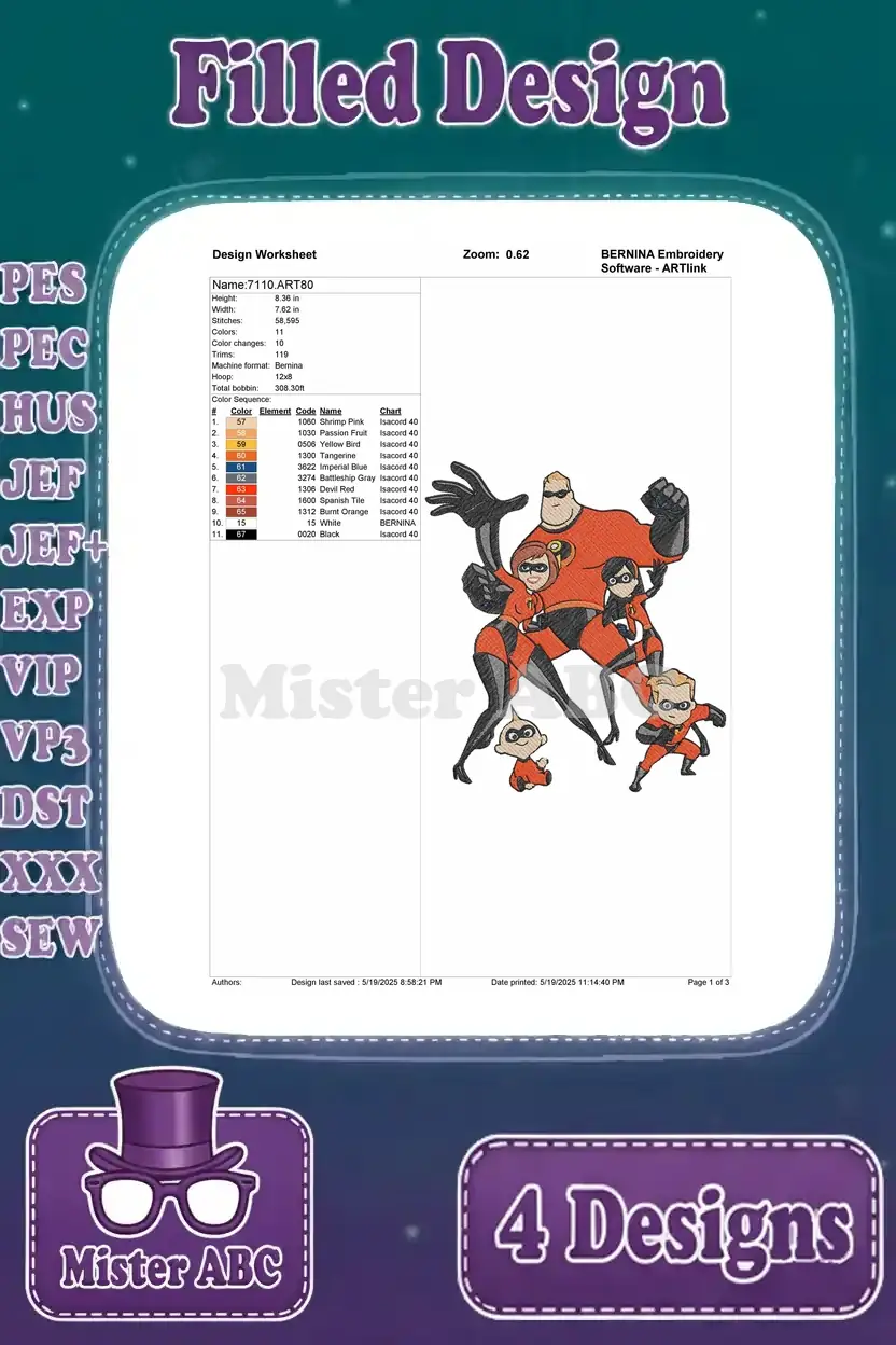 Detailed design worksheet for the first Incredibles family embroidery pattern, showing stitch counts and color palette.