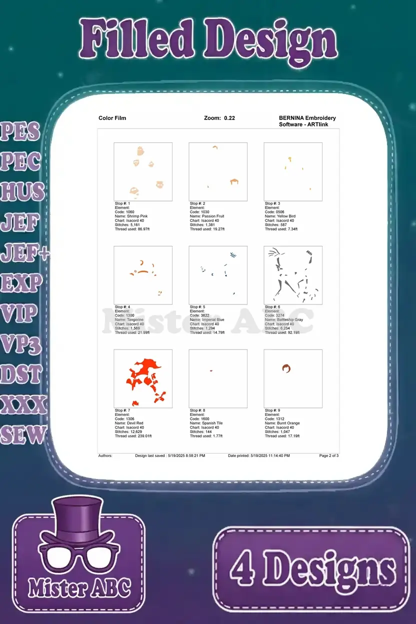 Color film breakdown for the first Incredibles family embroidery design, showing sequential color stops.
