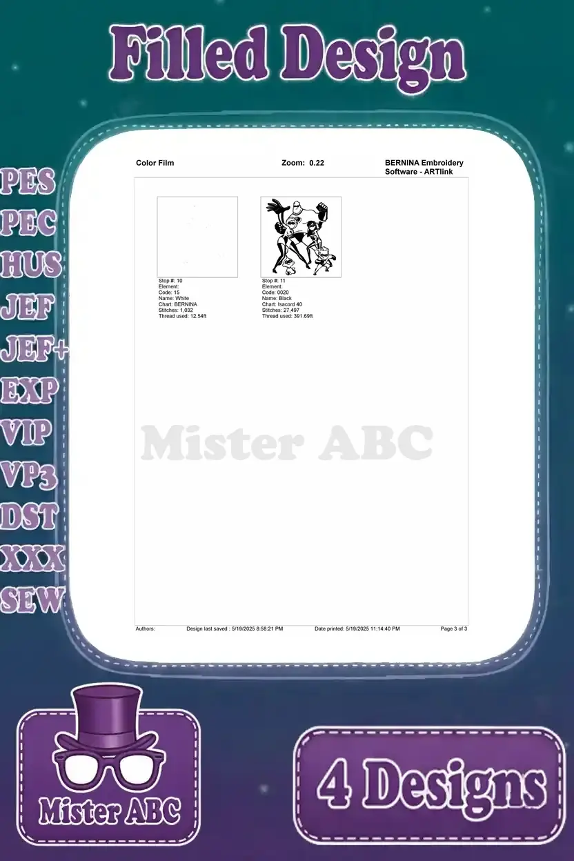 Final color film page for the first Incredibles family embroidery design, detailing the last color stop.