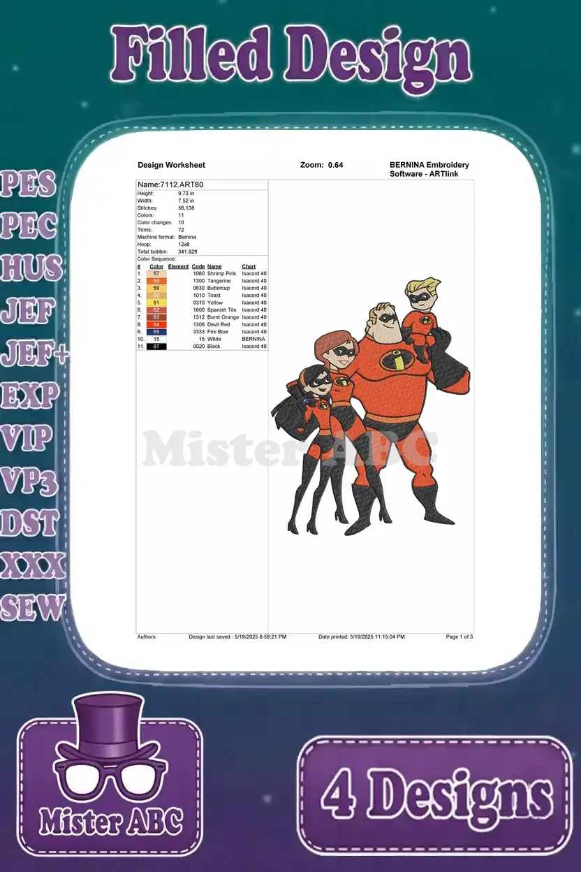 Design worksheet for the third Incredibles pattern, featuring Mr. Incredible holding Jack-Jack, with statistics.