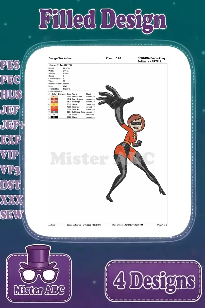 Design worksheet for the first Elastigirl embroidery design, showing thread colors, stitch count, and hoop size.