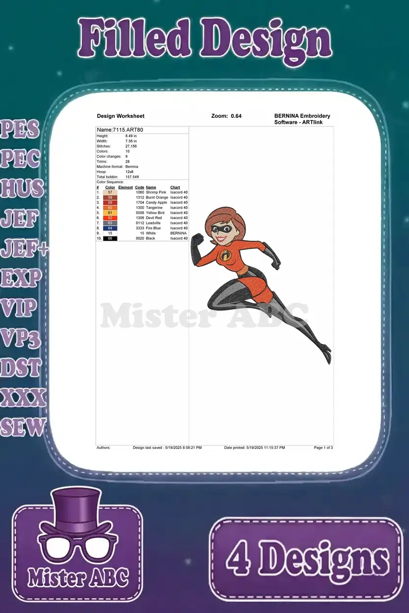 Design worksheet for the second Elastigirl embroidery design, detailing thread colors, stitch count, and hoop size.