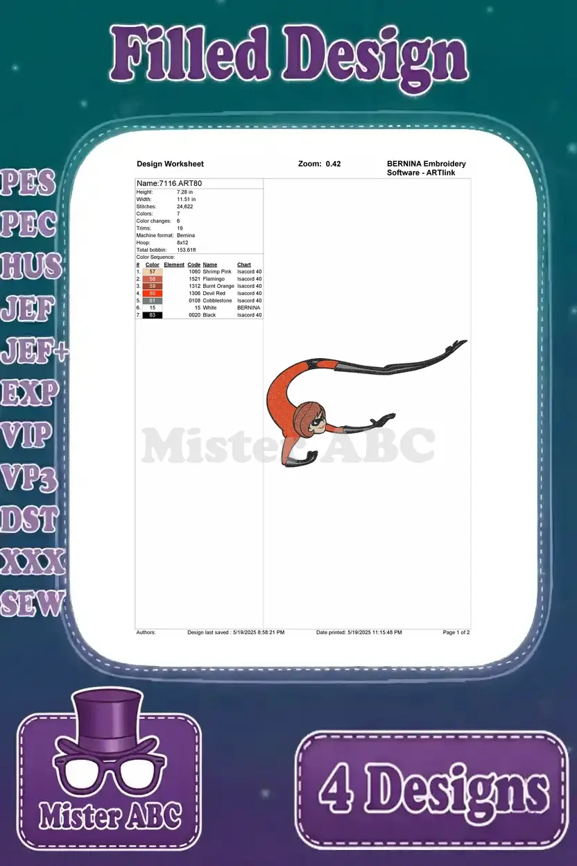 Design worksheet for the third Elastigirl embroidery design, showing stitch details for her stretching pose.
