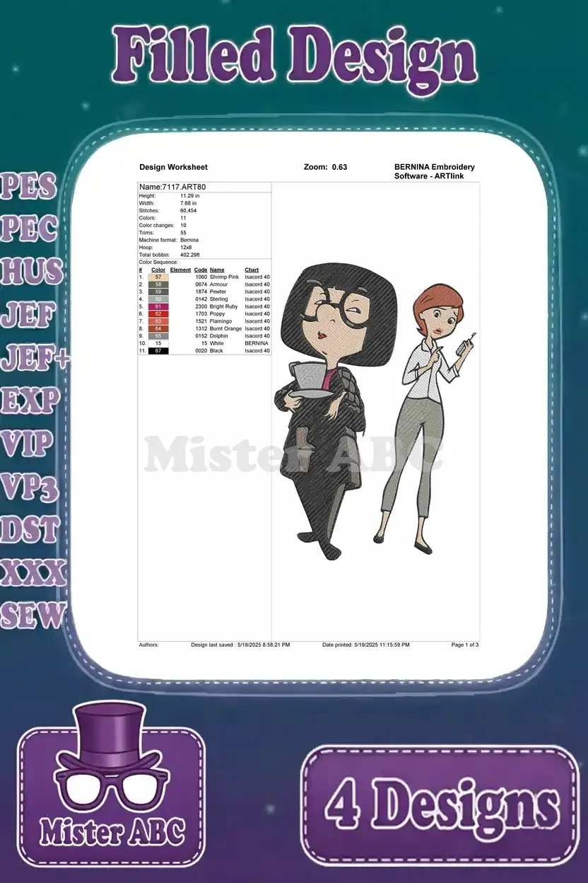 Design worksheet for the Edna Mode and assistant embroidery design, outlining stitch count and color details.