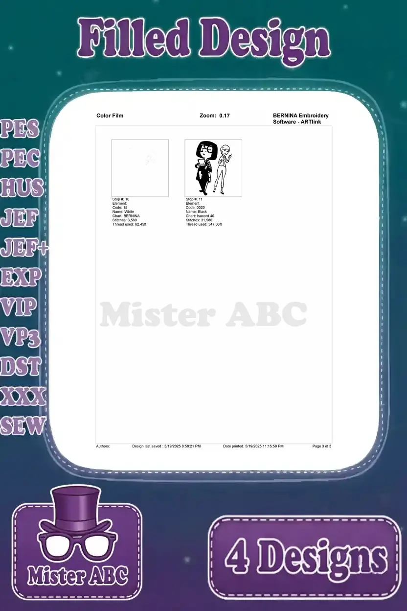 Second part of the color film sequence for the Edna Mode and assistant design, showing final outlines.