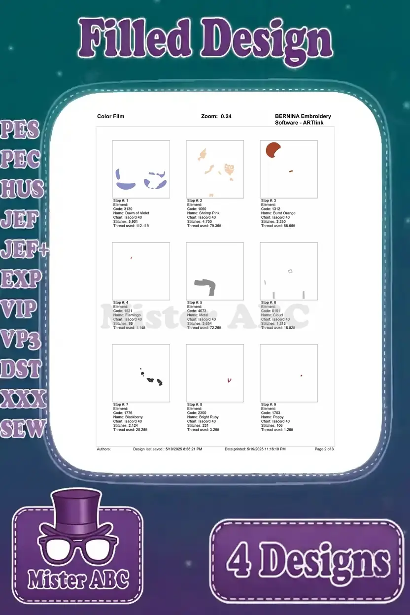 First page of the color film for the Edna Mode and Elastigirl filled embroidery design, showing initial stitch blocks and color stops.