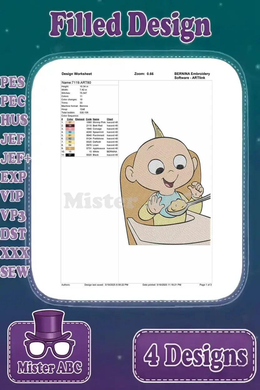 Design worksheet for the Jack-Jack eating filled embroidery, detailing stitch count, color changes, and thread information.
