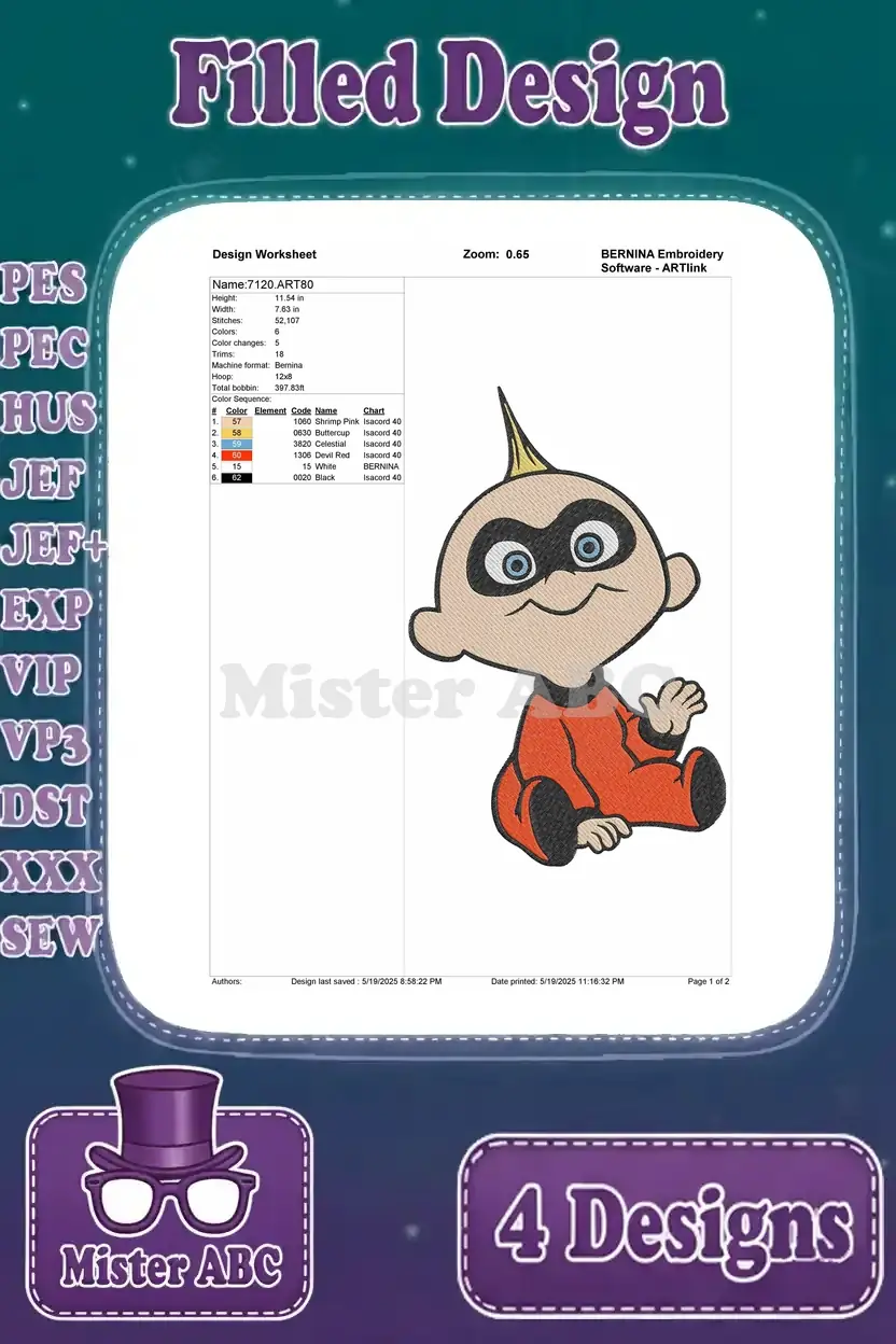 Design worksheet for the Jack-Jack in suit filled embroidery, detailing stitch count, color changes, and thread information.