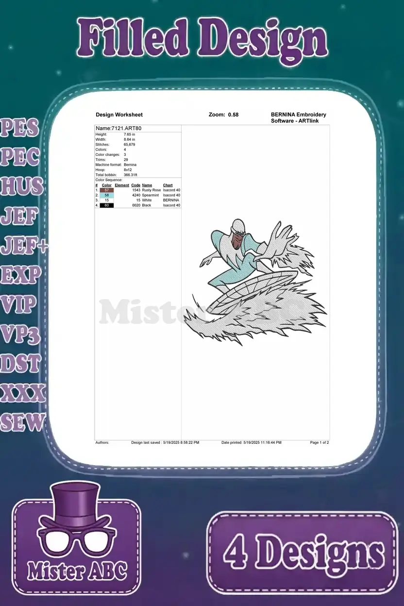 Design worksheet for the Frozone filled embroidery, detailing stitch count, color changes, and thread information.