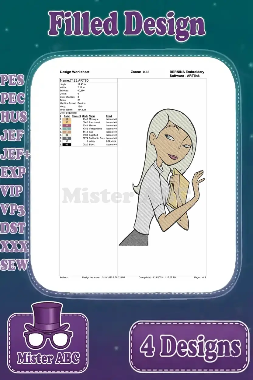 Comprehensive design worksheet for the Edna Mode embroidery, detailing stitch count, color changes, and size.