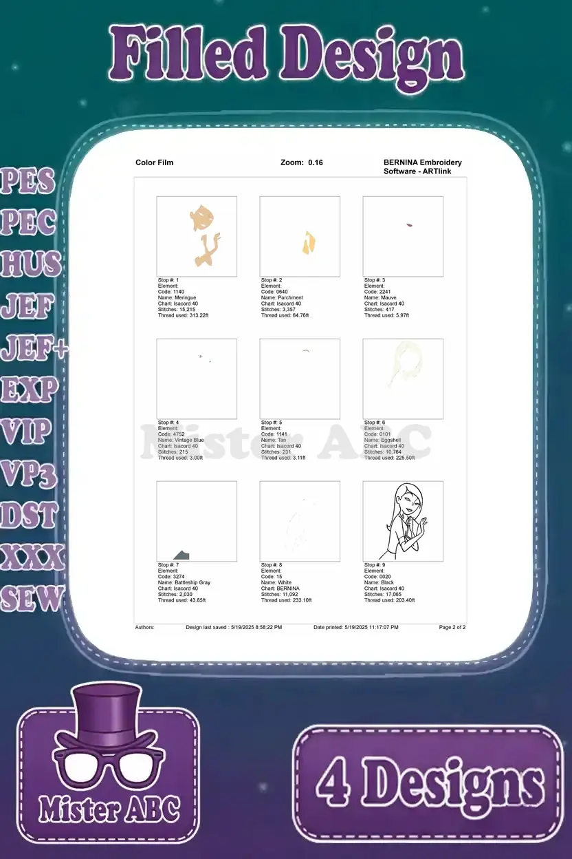 Color film sequence for the Edna Mode embroidery design, outlining the exact order of thread application.