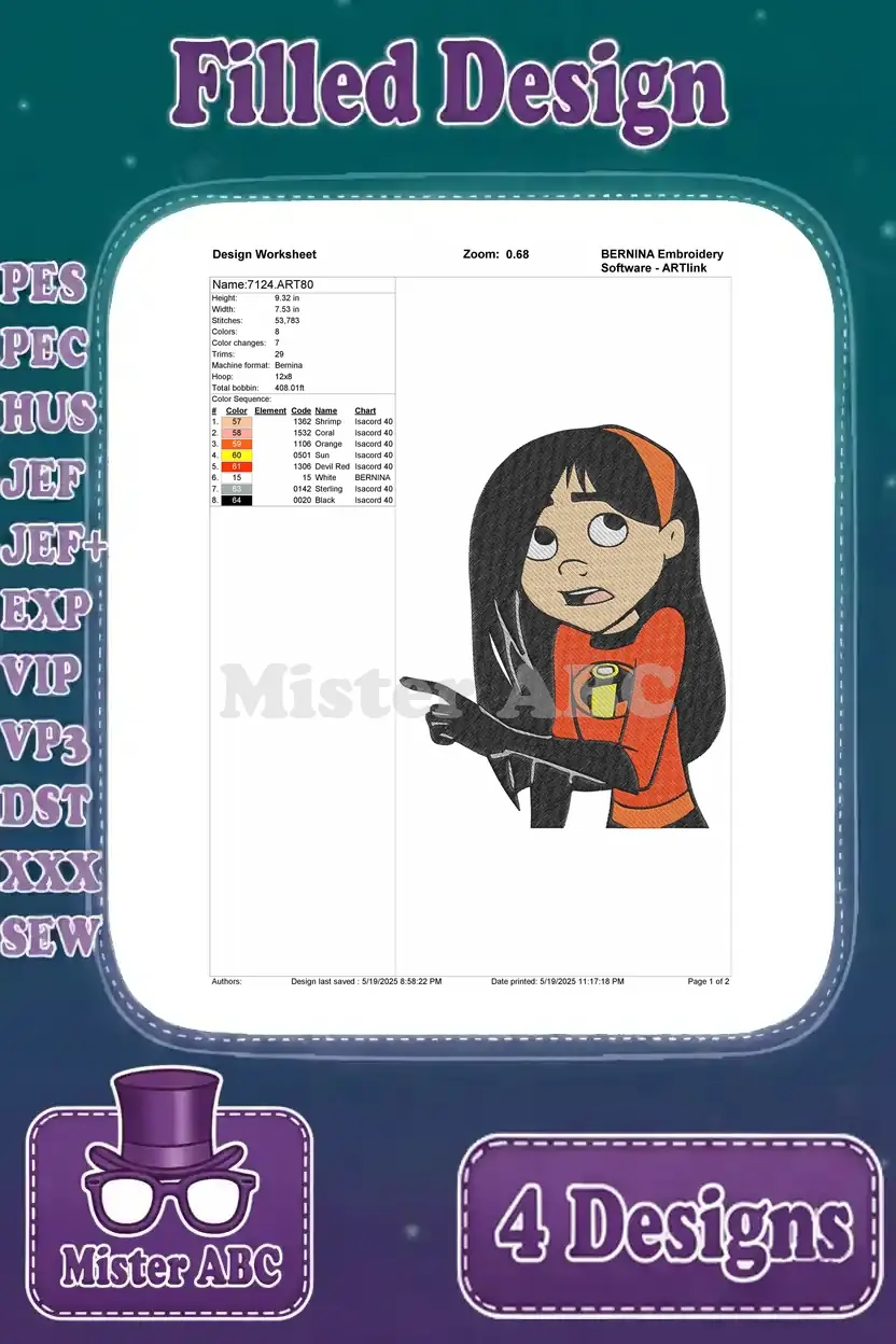Design worksheet for the first Violet Parr embroidery pose, showing stitch details, colors, and dimensions.