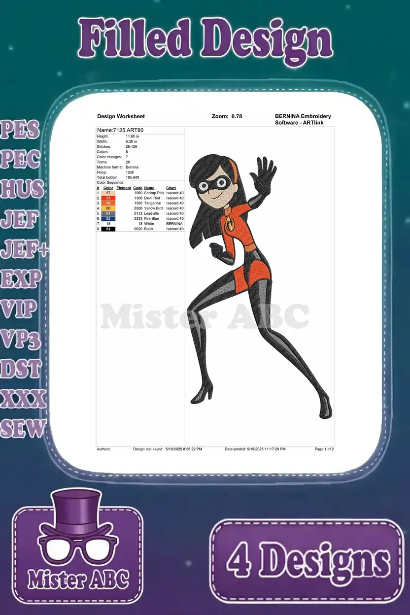 Design worksheet for the second Violet Parr embroidery pose, showing stitch count, colors, and dimensions.