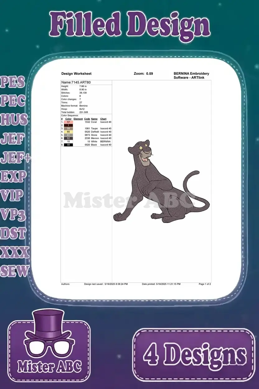 Detailed design worksheet for the fourth Bagheera embroidery, showing stitch count, colors, hoop size, and thread chart.