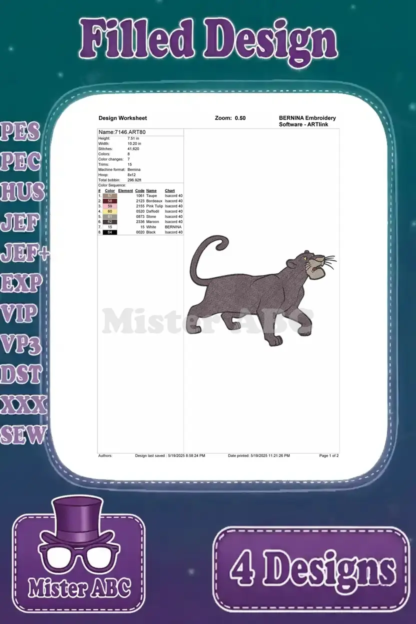 Detailed design worksheet for Bagheera embroidery, showing stitch count, color sequence, and thread chart.