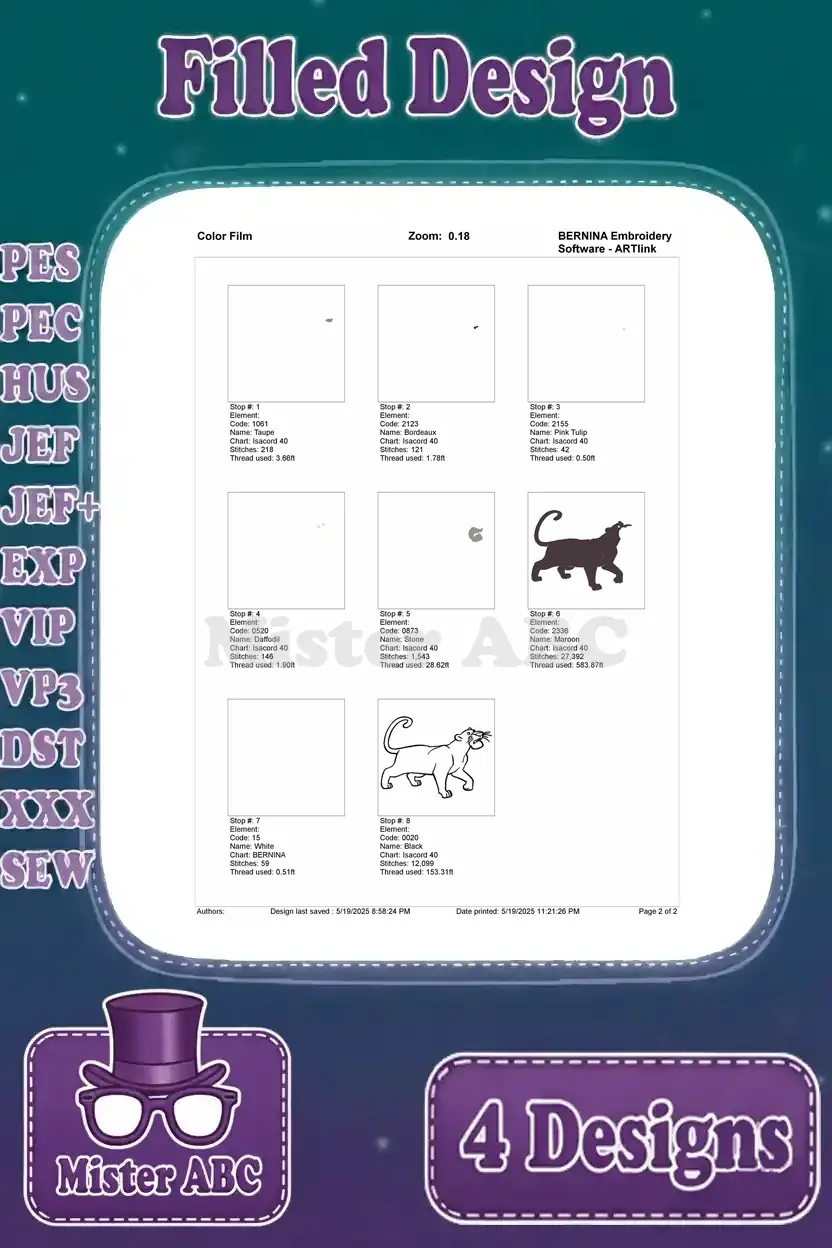 Color film representation for the Bagheera walking left embroidery design, illustrating stitch layering and sequence.